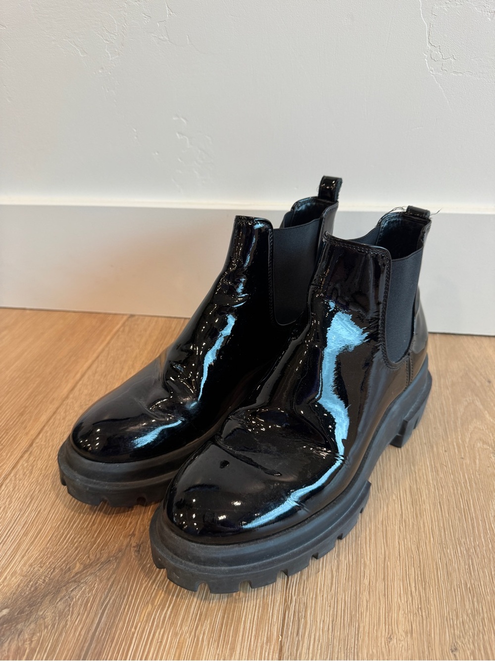 Agl Black Patent Chelsea Lug Boots